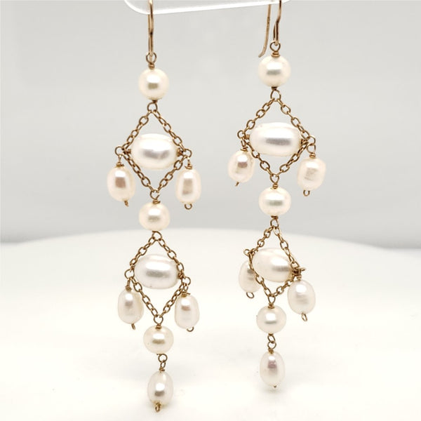 14kt Yellow Gold Dangling Fresh Water Pearl Earrings