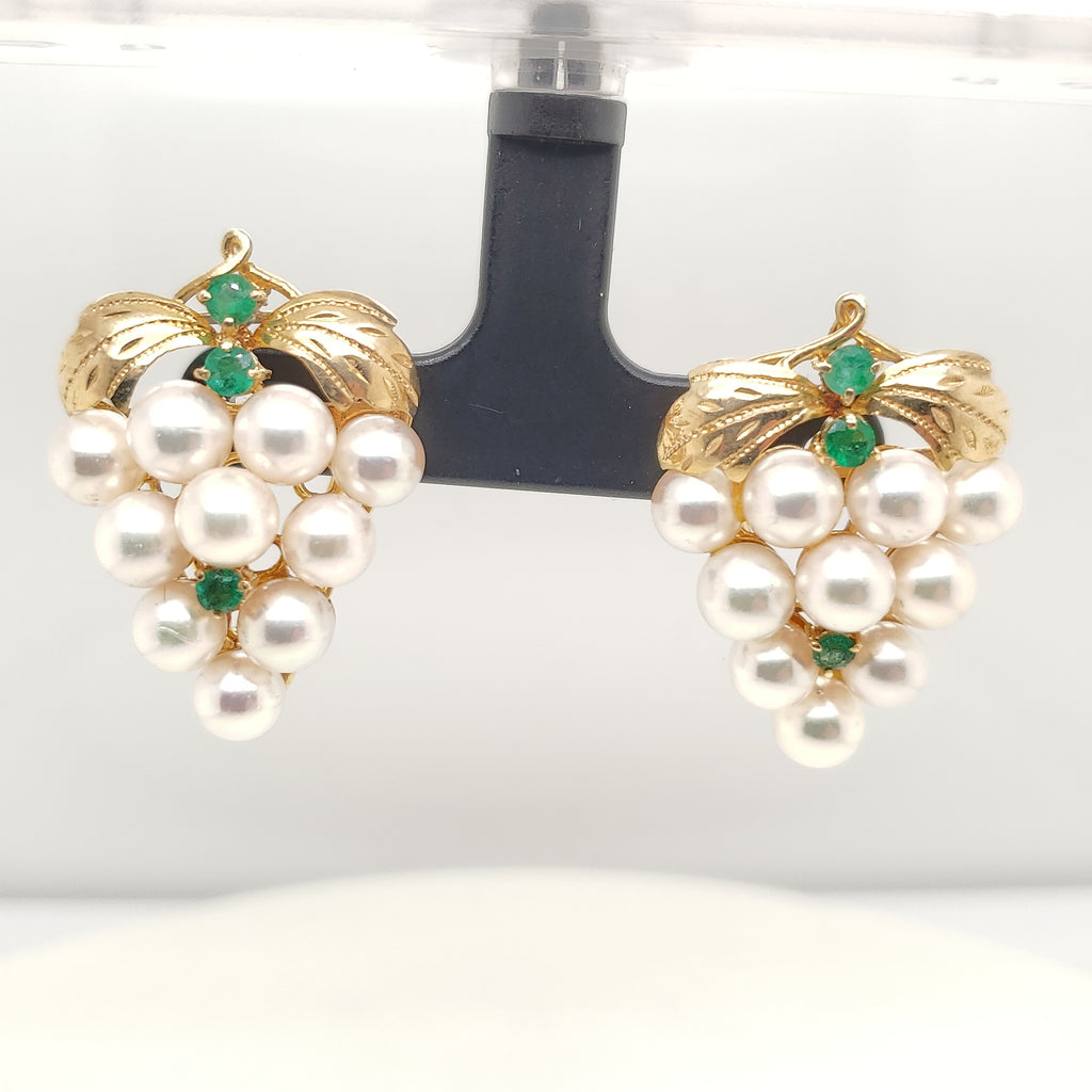 14Kt Yellow Gold  Pearl and Emerald Earrings