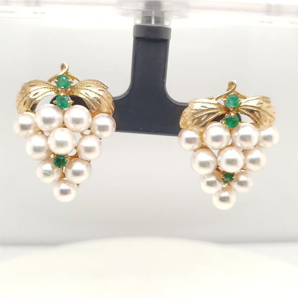 14Kt Yellow Gold  Pearl and Emerald Earrings