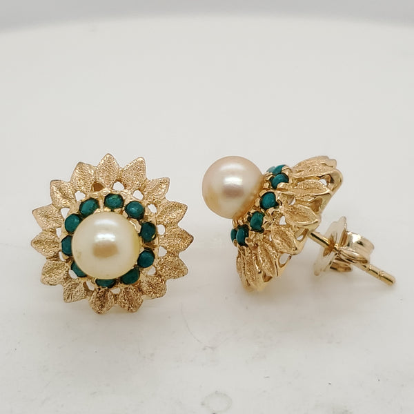 Vintage 14Kt Yellow Gold  Pearl and Turquoise Earrings