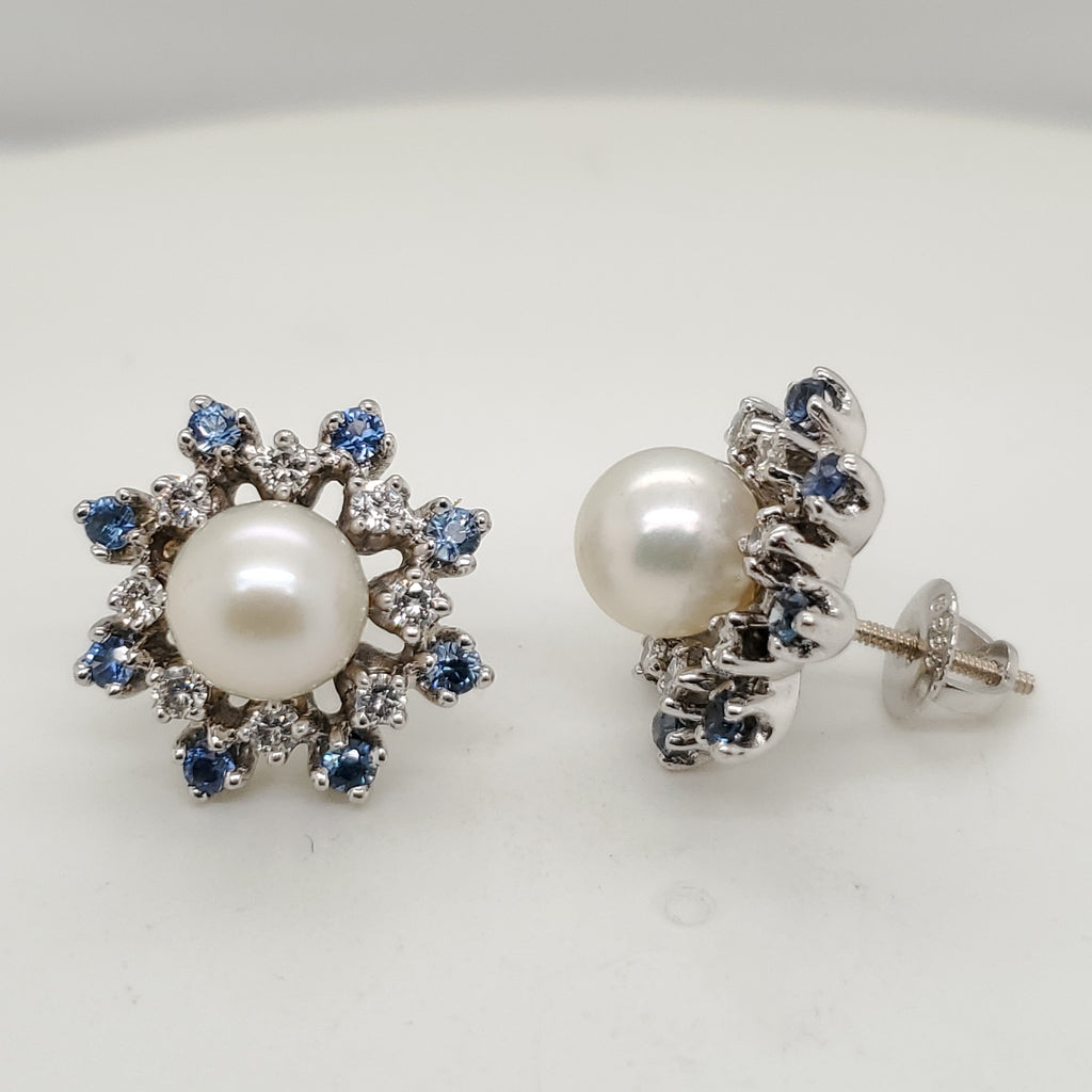 Vintage 14kt White Gold PearlSapphire and Diamond Earrings