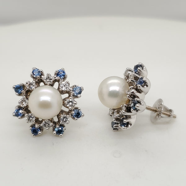 Vintage 14kt White Gold PearlSapphire and Diamond Earrings