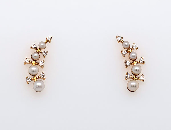 Pearl and Diamond Ear Climber Style Stud Earrings in 14KY