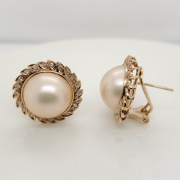14Kt Gold Mobe Pearl and Diamond Earrings