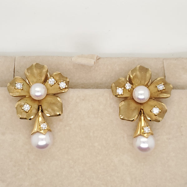 Mikimoto 18kt Yellow Gold Pearl and Diamond Floral Earrings