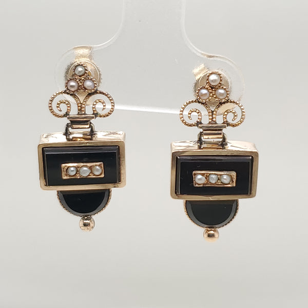 Antique Victorian 14kt Yellow Gold Onyx and Pearl Earrings