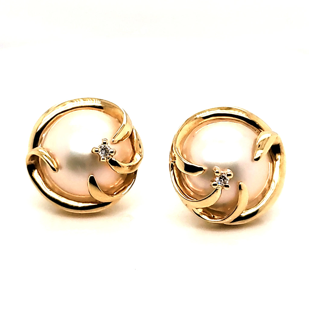 14Kt Gold Mobe Pearl and Diamond Earrings