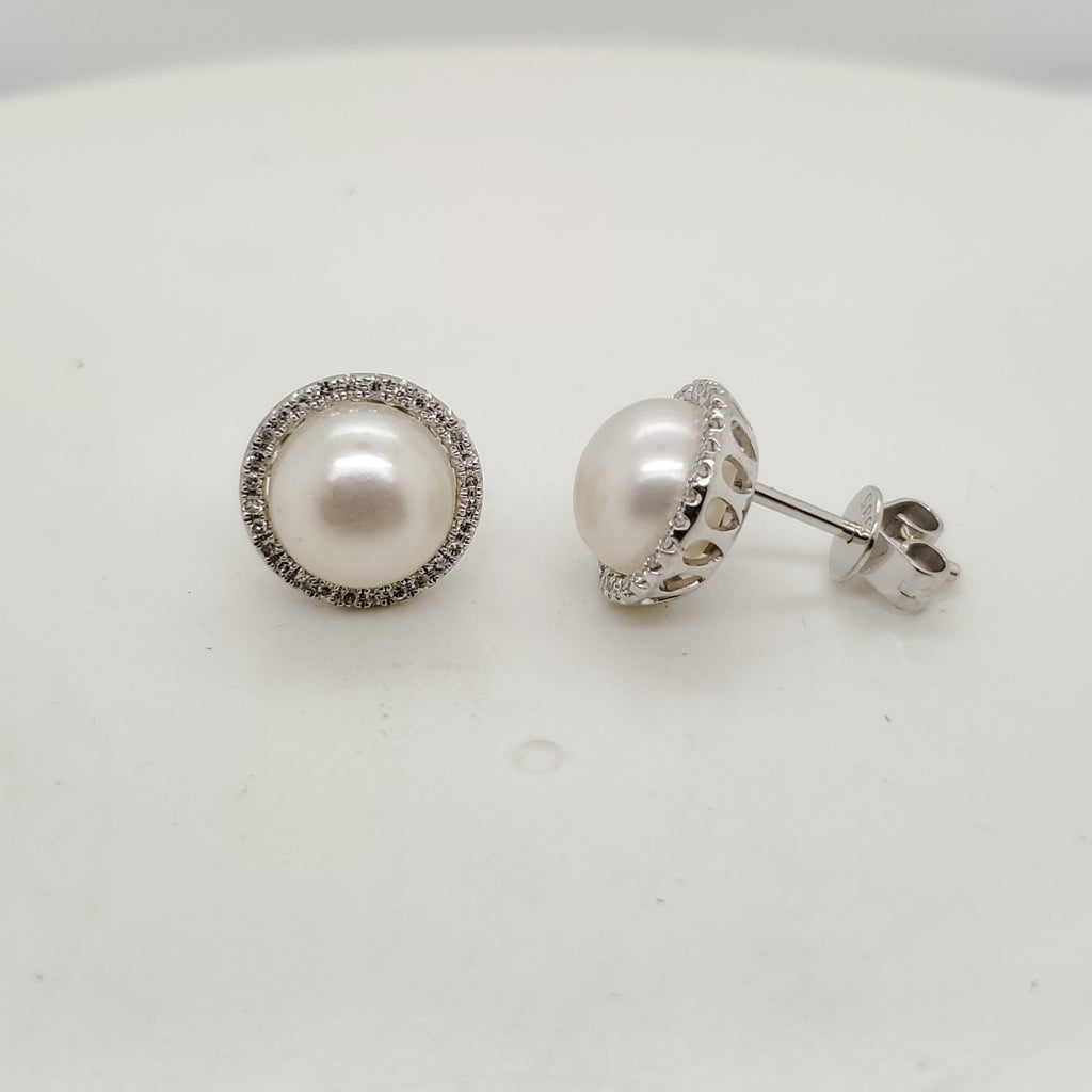 14kt White Gold Fresh Water Pearl and Diamond Stud Earrings