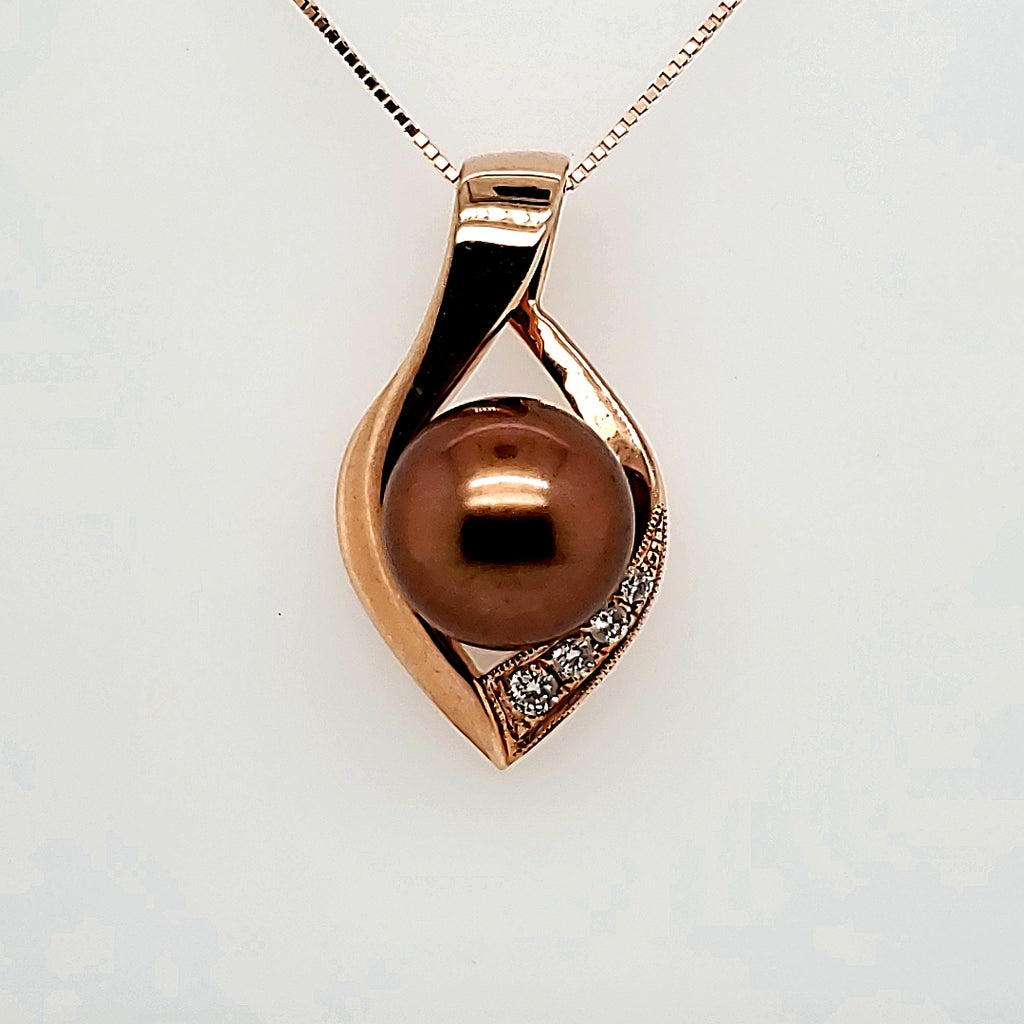 14kt Rose Gold Brown Pearl and Diamond Pendant Necklace