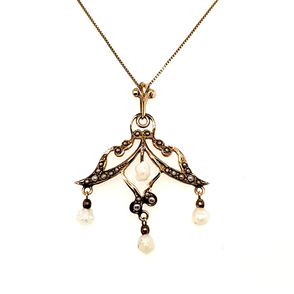 Art Nouveau 14kt Gold and Natural Pearl Lavalier Pendant