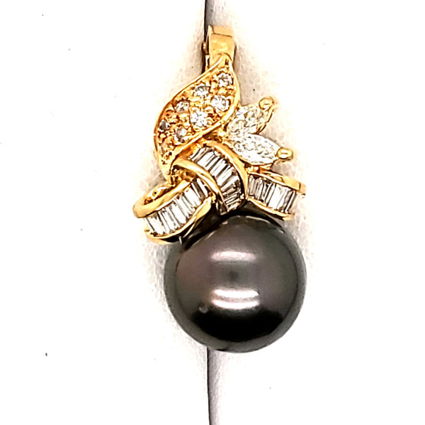 18Kt Yellow Gold Black Tahitian Pearl And Diamond Pendant