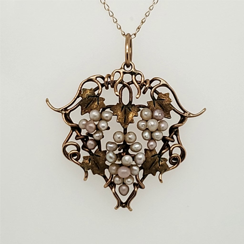 Antique Victorian 14kt Yellow Gold Seed Pearl Pendant On Chain