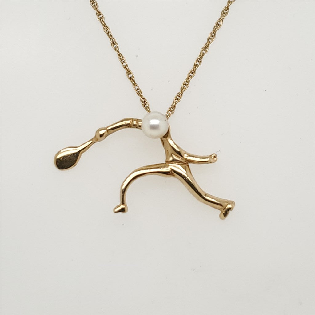 14kt Yellow Gold and Pearl Tennis Player Pendant Necklace
