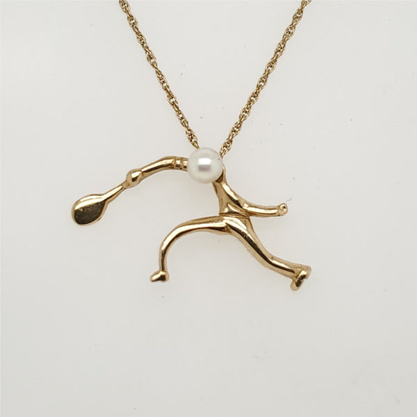 14kt Yellow Gold and Pearl Tennis Player Pendant Necklace