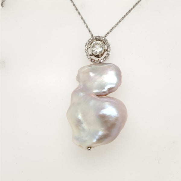 14kt White Gold Fresh Water Pearl and Diamond Pendant Necklace