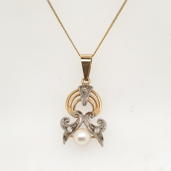 Vintage 18kt Yellow Gold Pearl and White Sapphire Pendant Necklace