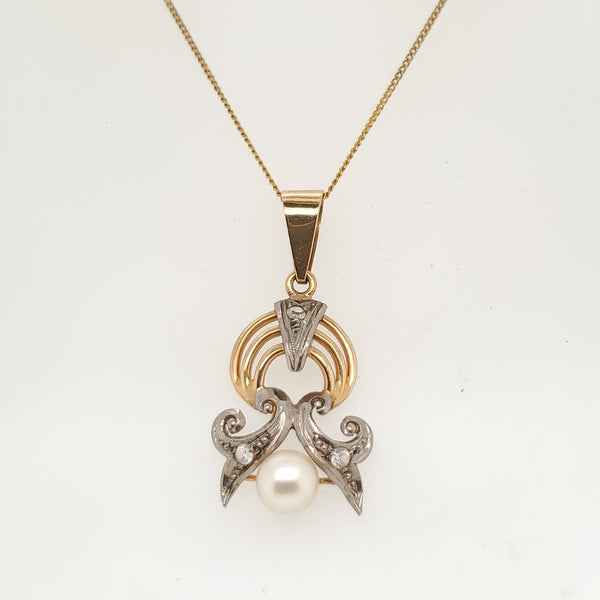Vintage 18kt Yellow Gold Pearl and White Sapphire Pendant Necklace