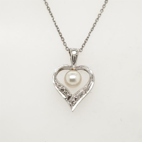 Vintage 14Kt White Gold Pearl And Diamond Heart Pendant