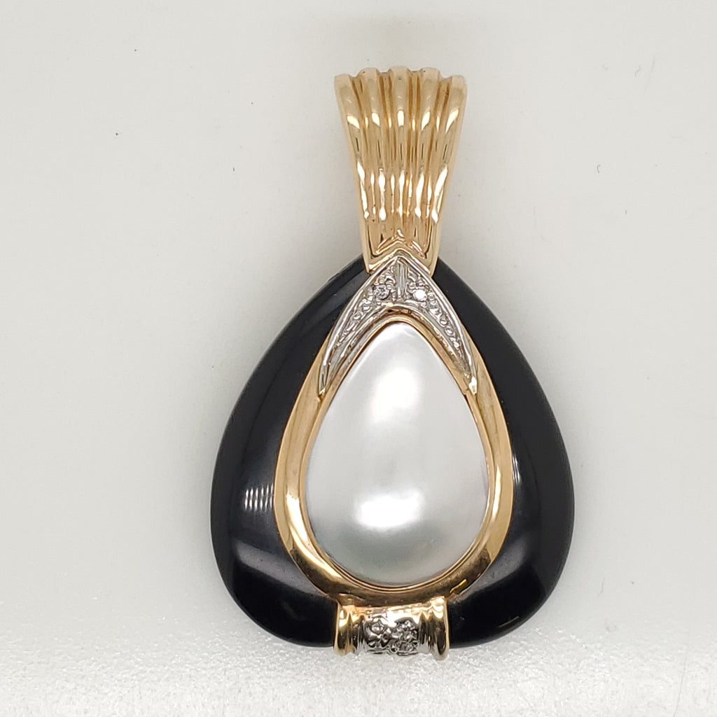 14kt Yellow Gold Mobe Pearl Diamond and Onyx Necklace Pendant/Enhancer