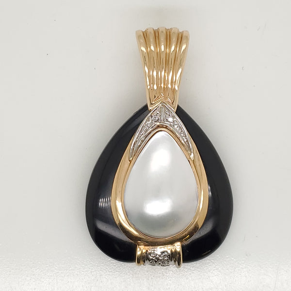 14kt Yellow Gold Mobe Pearl Diamond and Onyx Necklace Pendant/Enhancer