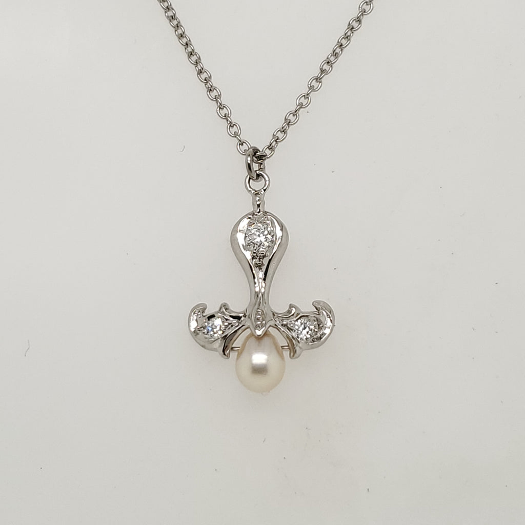 Antique Edwardian Platinum Natural Pearl and Diamond Pendant Necklace