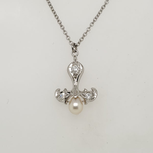 Antique Edwardian Platinum Natural Pearl and Diamond Pendant Necklace