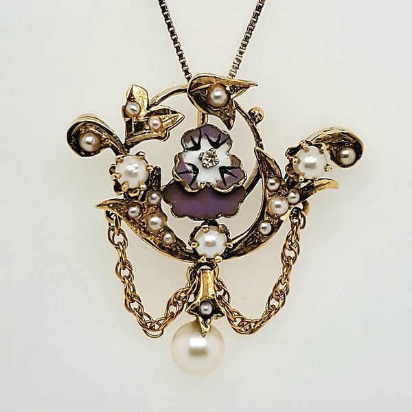 Art Nouveau 14kt Gold Enamel Pansy Pendant with Pearls