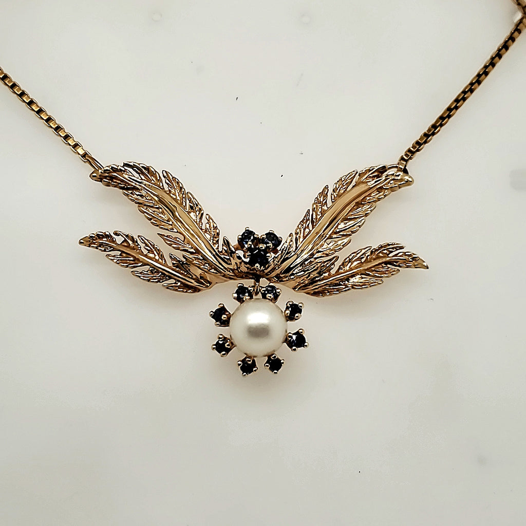 Vintage 14kt Yellow Gold Pearl and Sapphire Necklace