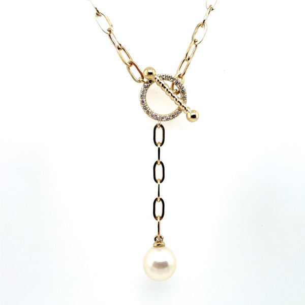 14kt Yellow Gold 8-8.5mm Pearl Drop And Diamond Necklace