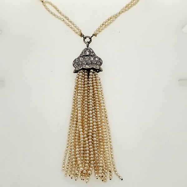 Edwardian Platinum Natural Seed Pearl And Diamond Tassel Necklace