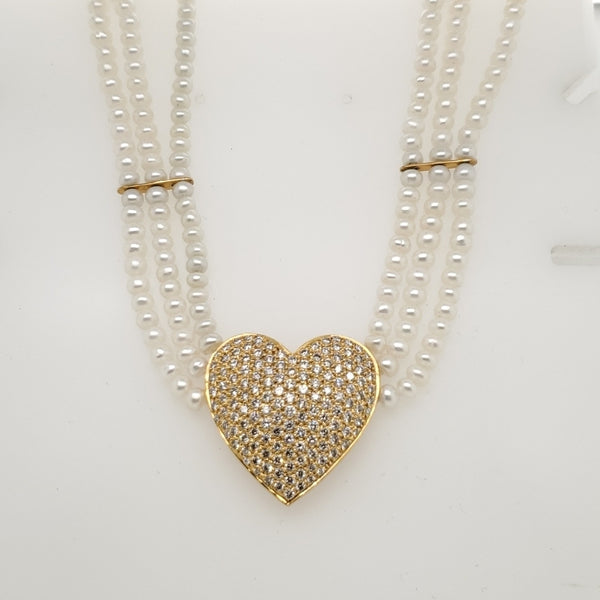 Triple Strand Pearl Neckalce with Pave Set Diamond Heart Center and Diamond Clasp