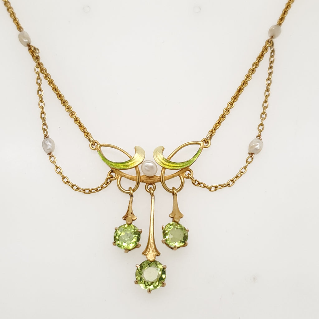 Antique Art Nouveau 14kt Gold Pearl and Peridot Festoon Necklace