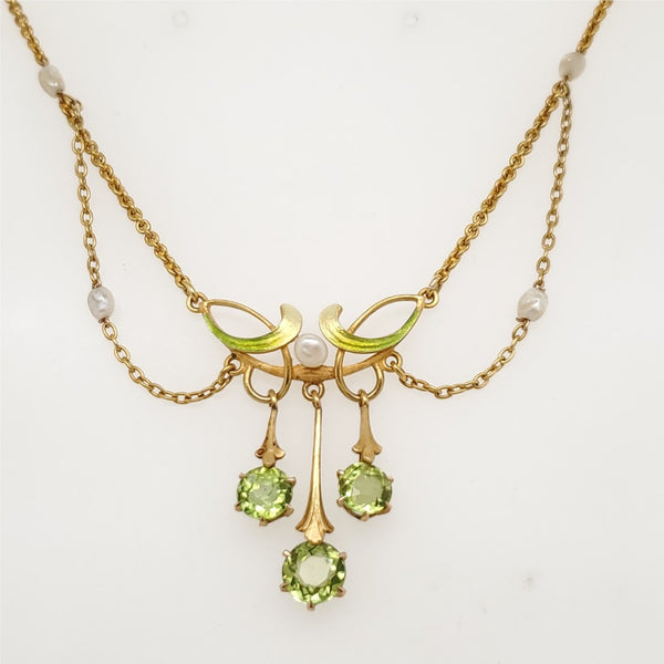 Antique Art Nouveau 14kt Gold Pearl and Peridot Festoon Necklace