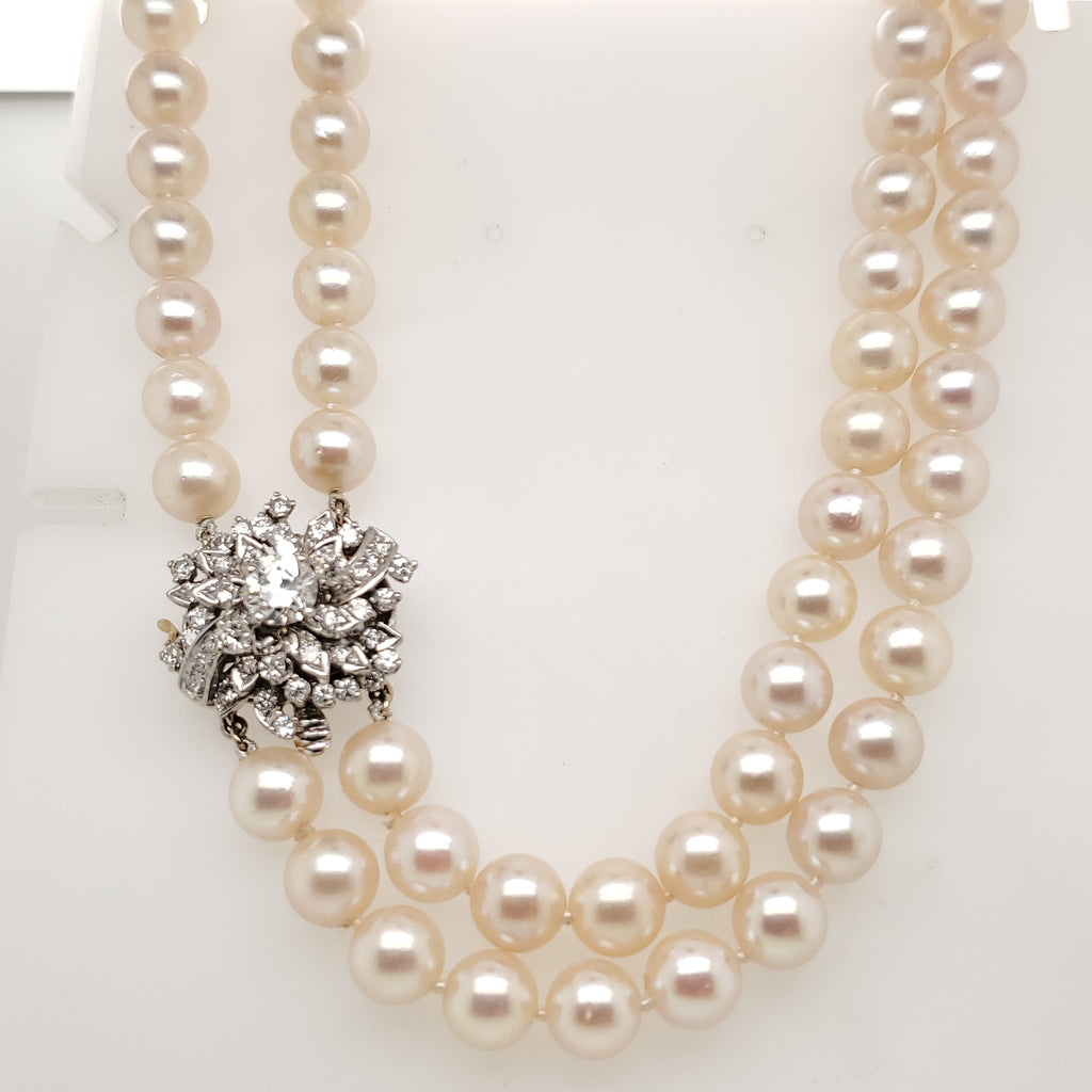 16"" Double Strand Cultured Akoya Pearl Necklace with Vintage 14kt White Gold Diamond Clasp