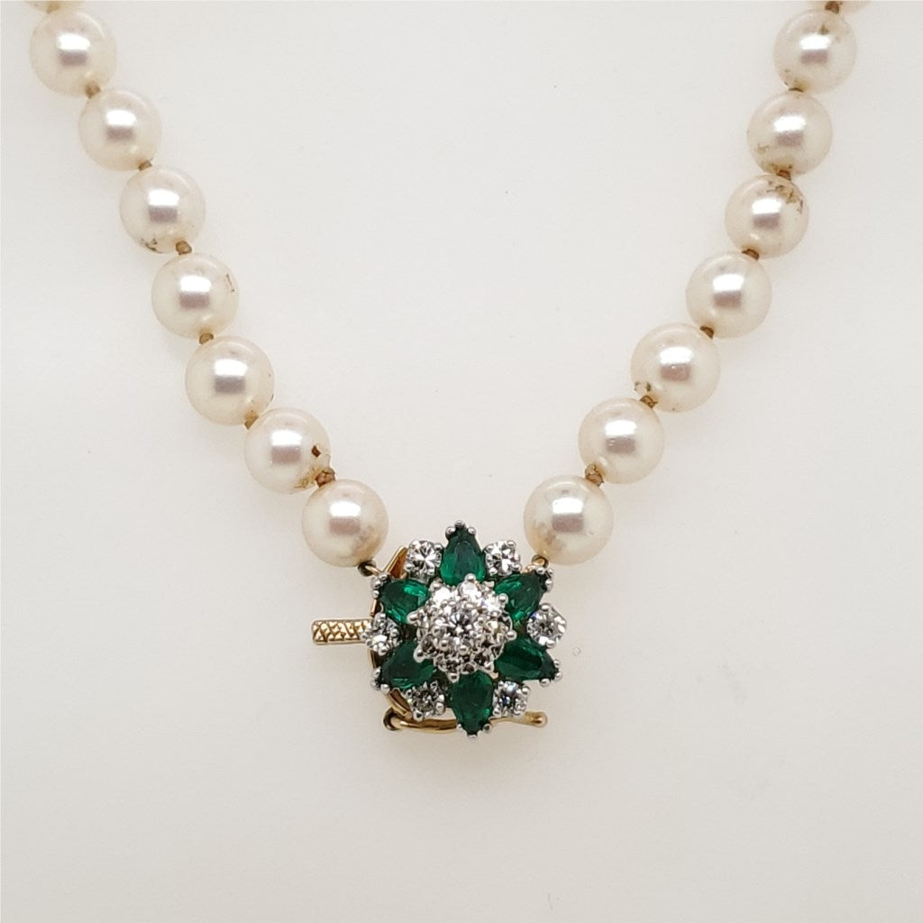 32"" Cultured Akoya Pearl Strand With Emerald and Diamond Clasp