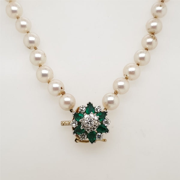 32"" Cultured Akoya Pearl Strand With Emerald and Diamond Clasp