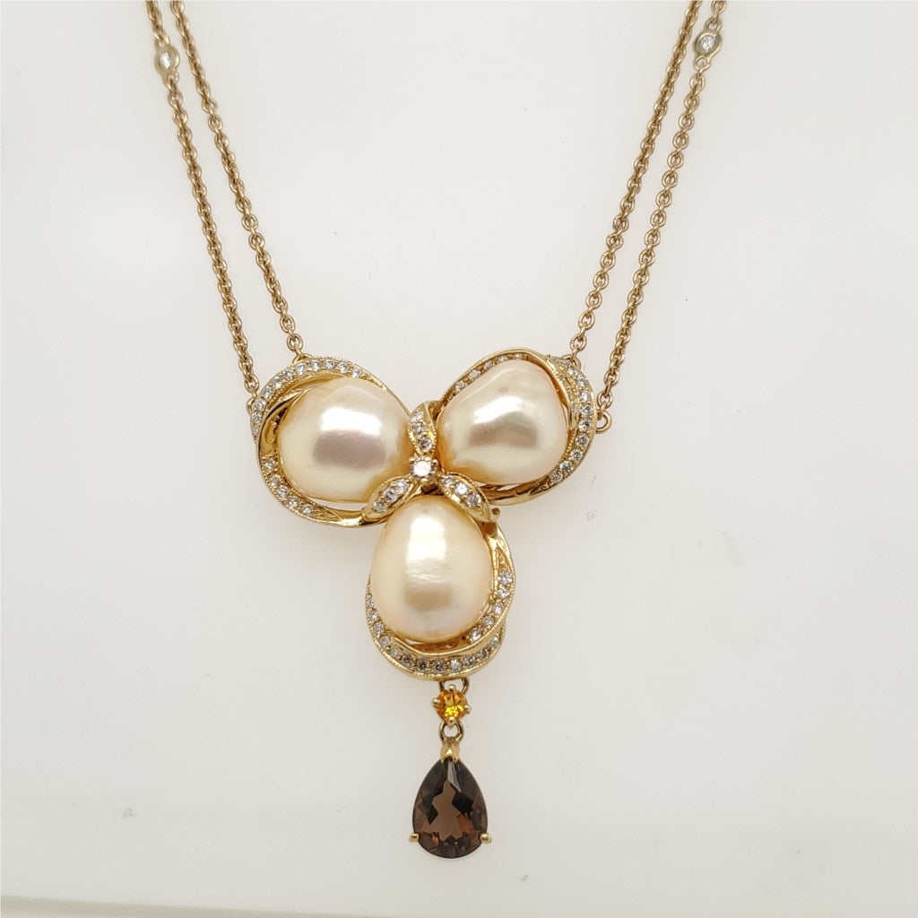 14kt Yellow Gold Pearl Citrine Smokey Topaz and Diamond Festoon Necklace