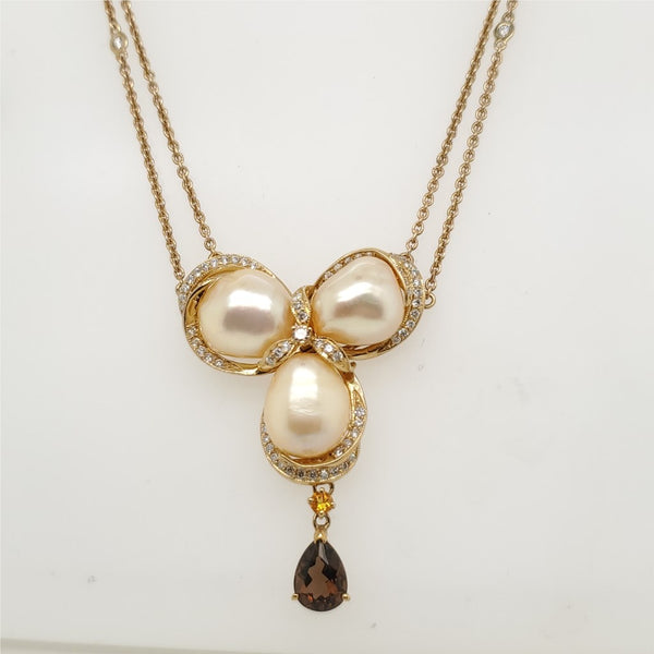 14kt Yellow Gold Pearl Citrine Smokey Topaz and Diamond Festoon Necklace