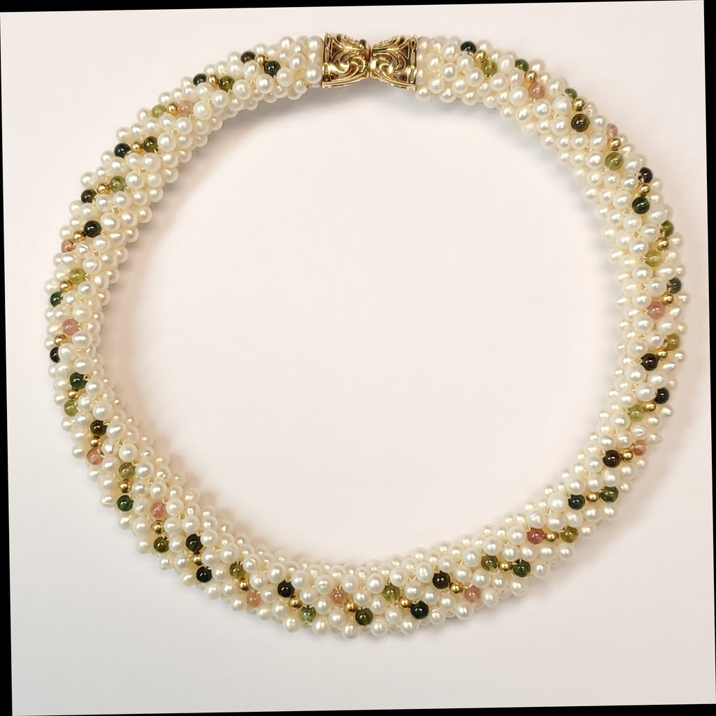 14kt Yellow Gold and Tourmaline Woven Pearl Choker Necklace