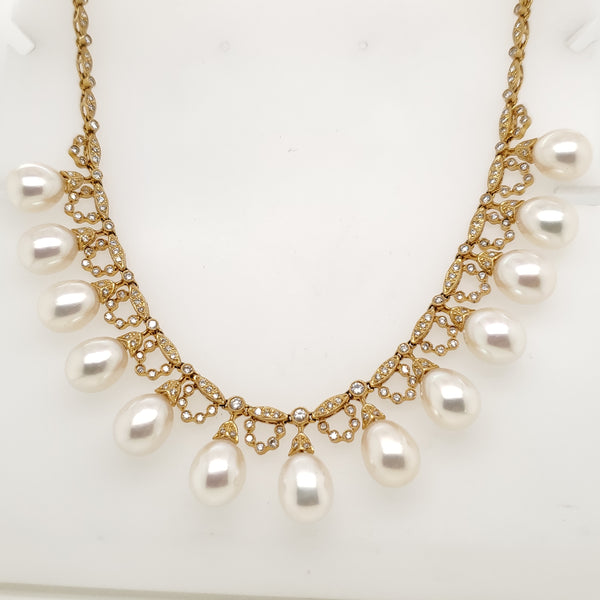 18kt Yellow Gold Pearl and Diamond Necklace