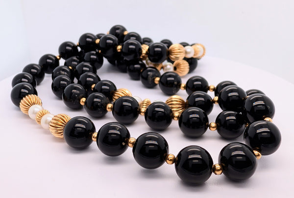 Vintage 14K Yellow Gold, Onyx, and Pearl 32"" Necklace