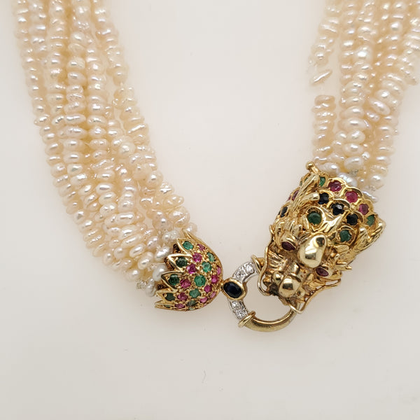 Vintage 14kt Yellow Gold Multi Strand Pearl Neckalce with Dragon Head Clasp