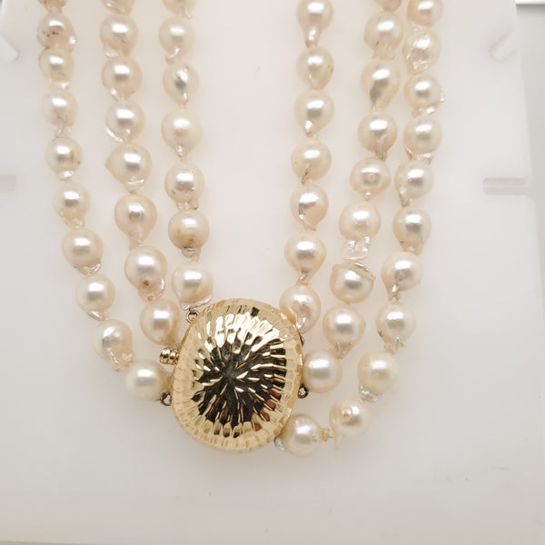 14kt Yellow Gold Triple strand Baroque Akoya Pearl Necklace