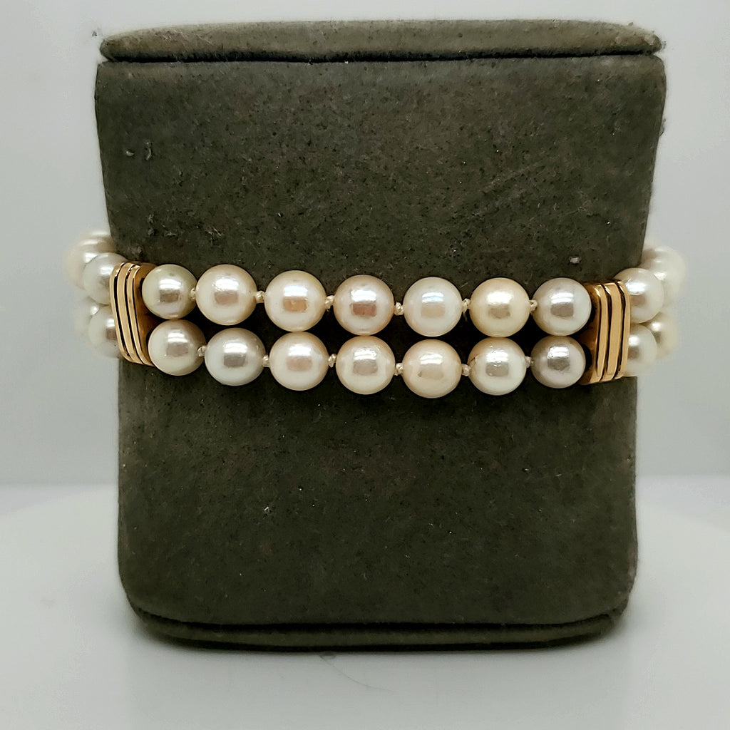 14Kt Yellow Gold Double Strand Cultured Akoya Pearl Bracelet