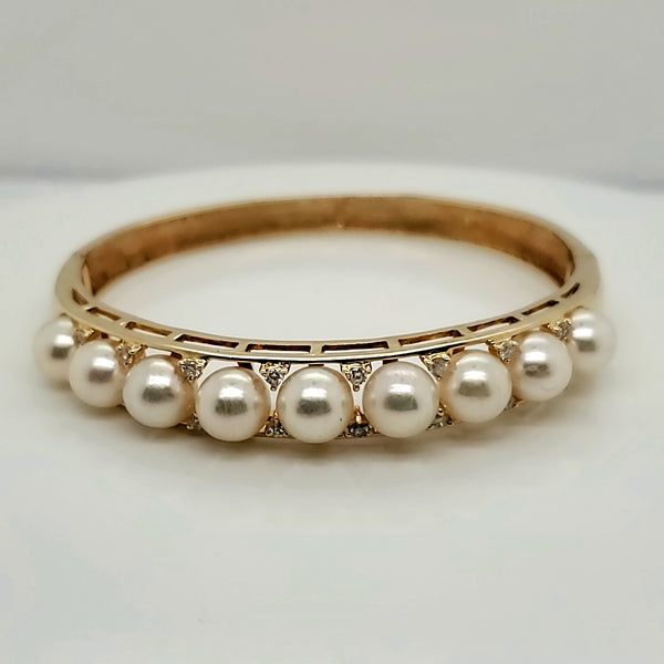 14kt Yellow Gold Pearl and Diamond Bangle Bracelet