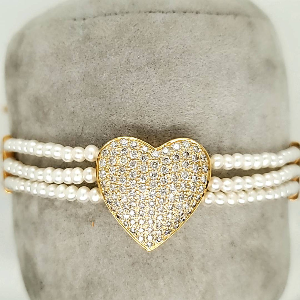 Triple Strand Pearl Bracelet with Pave Set Diamond Heart Center and Diamond Clasp