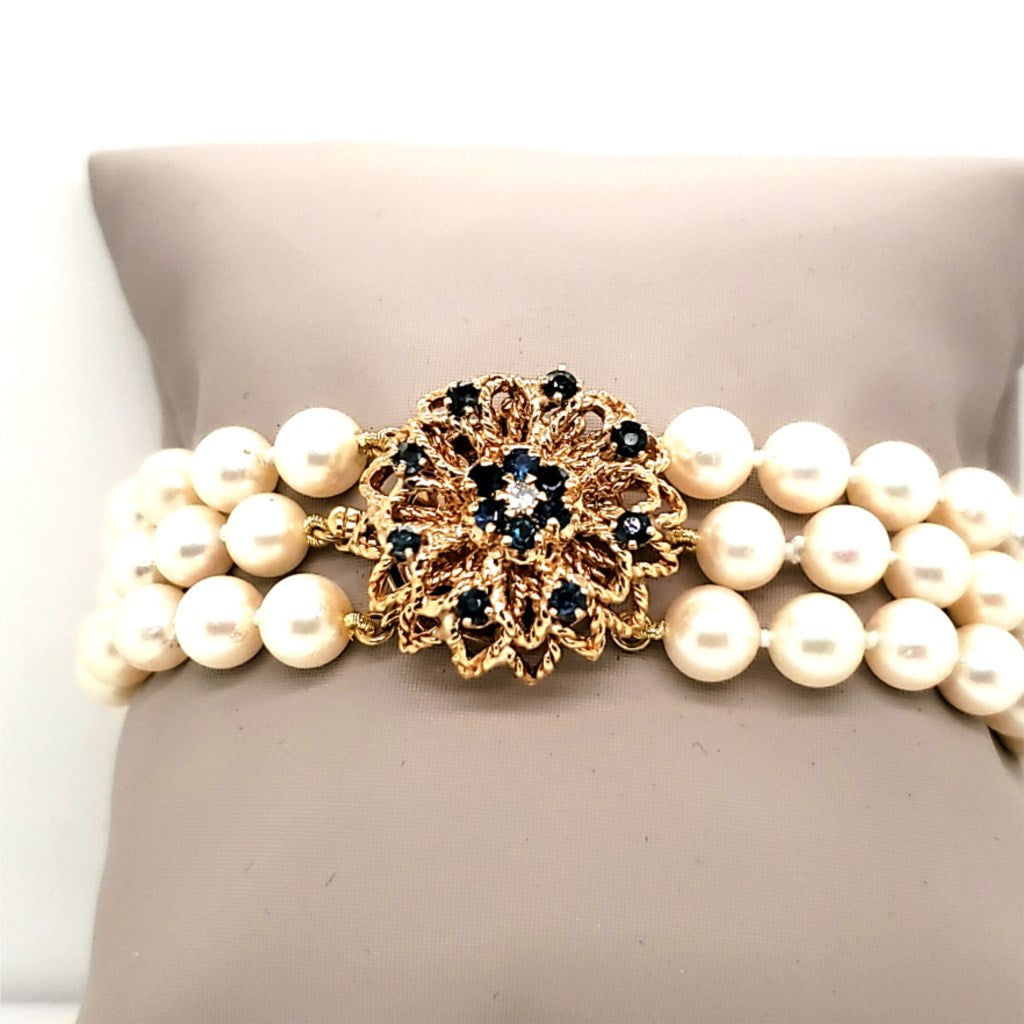6.5X6MM Triple Strand Cultured Akoya Pearl Bracelet With 14kt Yellow Gold Diamond and Sapphire Clasp