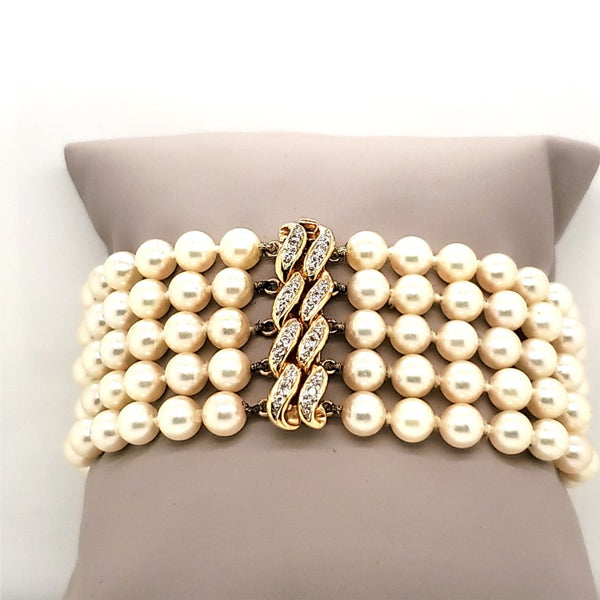 14kt Yellow Gold Five Strand Pearl and Diamond Bracelet