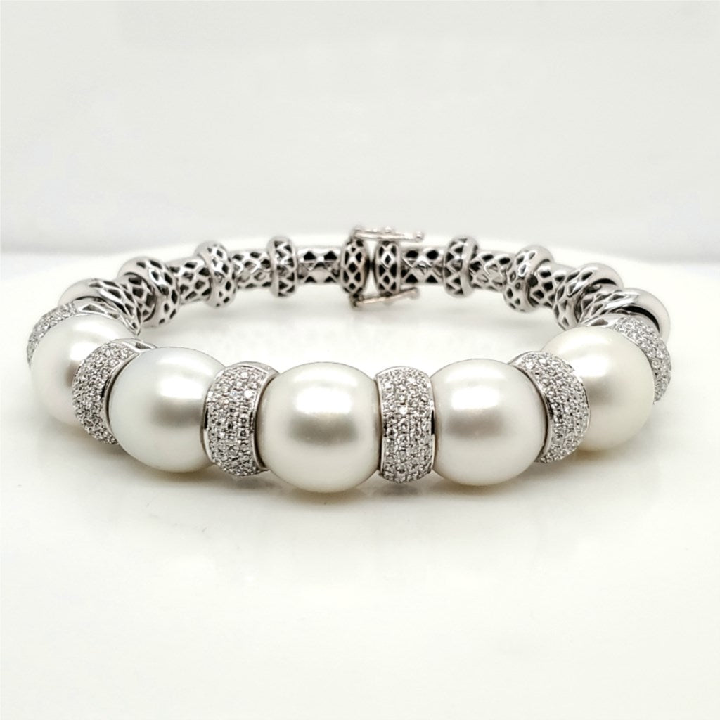 18kt White Gold South Seas Pearl and Diamond Bangle Bracelet