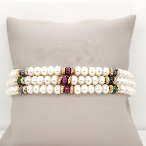 14kt Yellow Gold Fresh Water Pearl Sapphire Ruby and Emerald bracelet